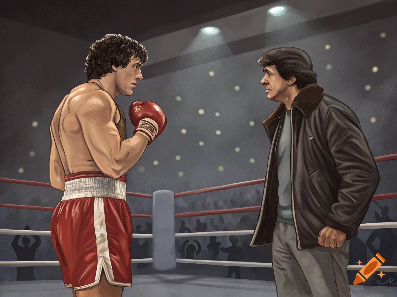 An illustration of Rocky Balboa in red boxing shorts and gloves facing Sylvester Stallone in a brown jacket in a boxing ring.