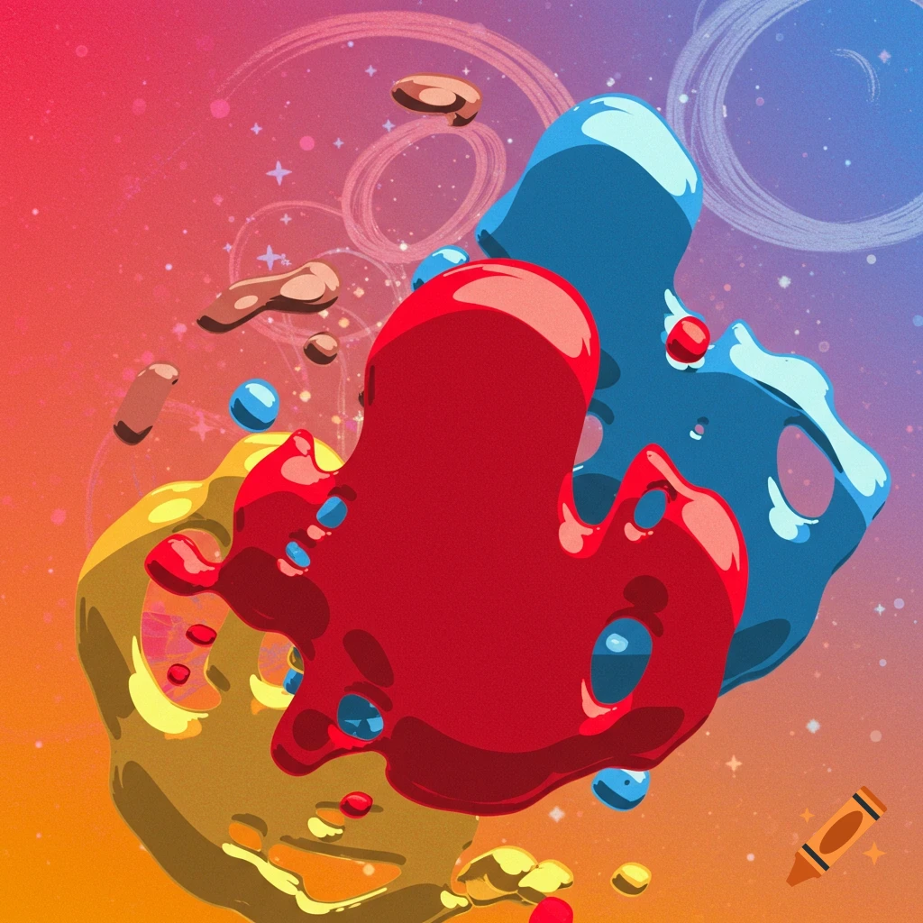 Abstract digital art of glossy red, blue, and yellow blobs floating with smaller spheres and shapes on a starry, gradient background.