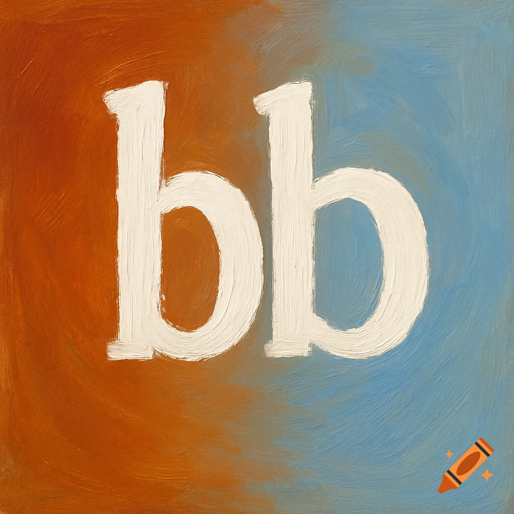 White letters 'bb' in a painterly style on a background of burnt orange blending into light blue.