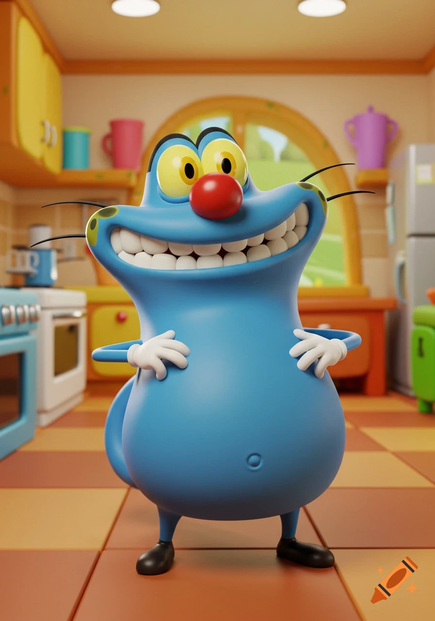 A smiling blue cartoon character, Oggy, with a red nose and white gloves, standing in a 3D rendered kitchen.