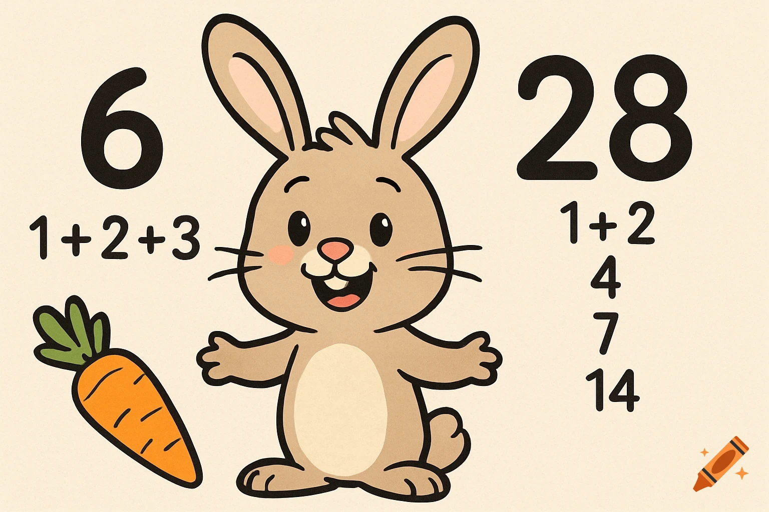A cute cartoon rabbit stands between the number 6 and the number 28. Under 6 is '1+2+3'. Under 28 are numbers '1+2', '4', '7', '14'. A carrot is in the lower left.