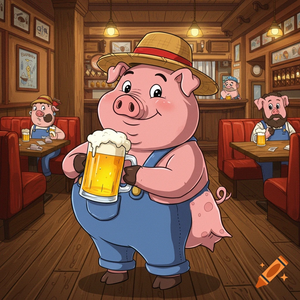 A smiling cartoon pig in overalls and a straw hat holds a mug of beer in a rustic pub, with other pigs at tables in the background. Stylized cartoon art.