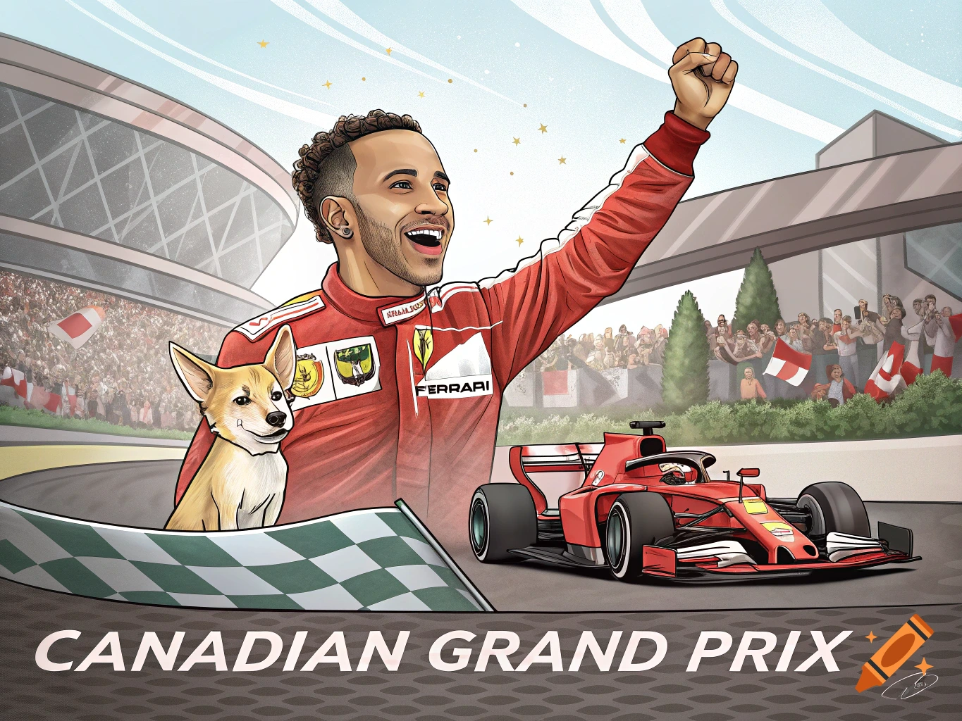 An illustrated Lewis Hamilton in a red Ferrari racing suit, celebrating a Canadian Grand Prix victory, with a small dog by his side and a red F1 car. Checkered flag and crowd in background.