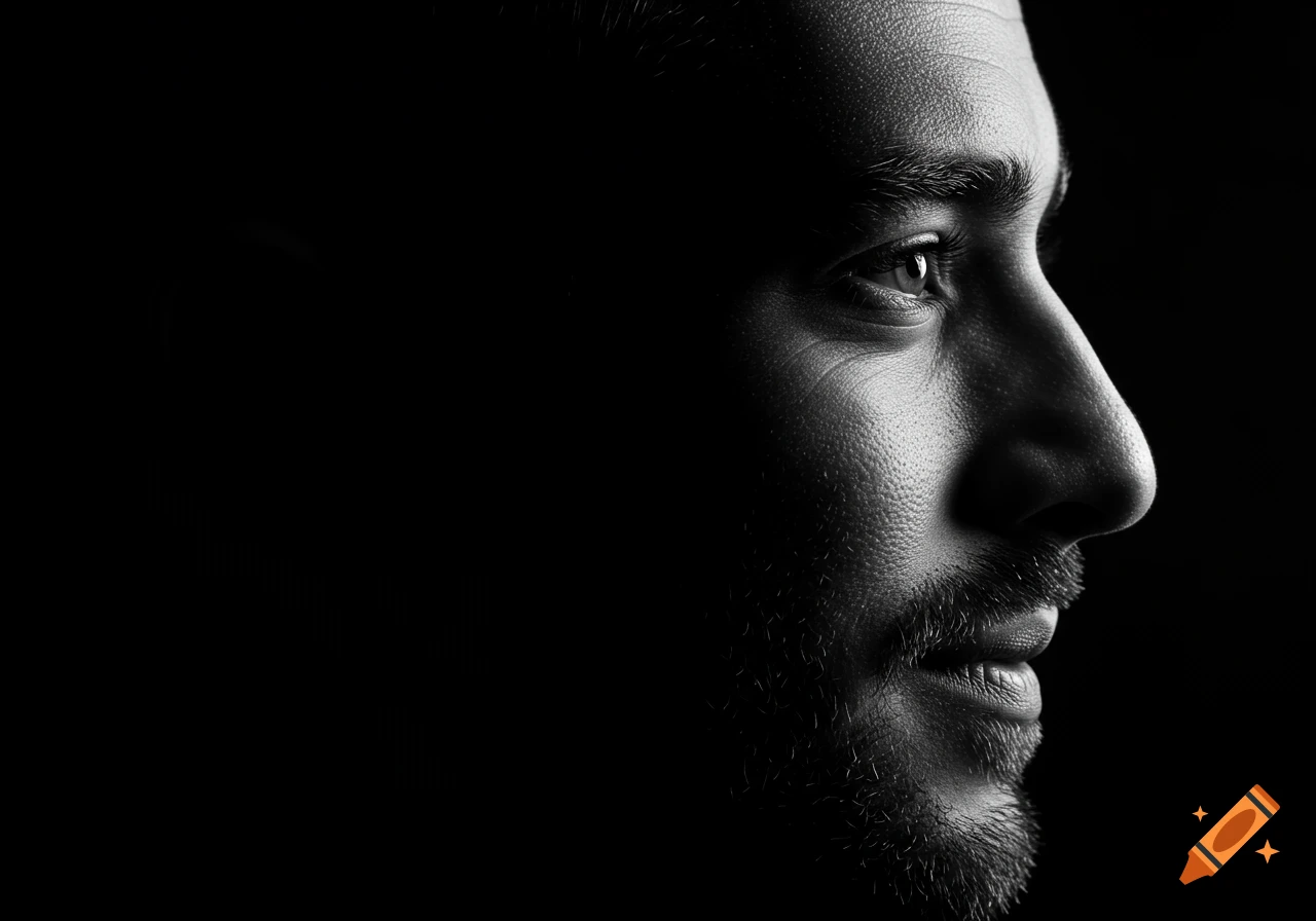 High-contrast black and white profile portrait of a man's face, with strong lighting on one side.