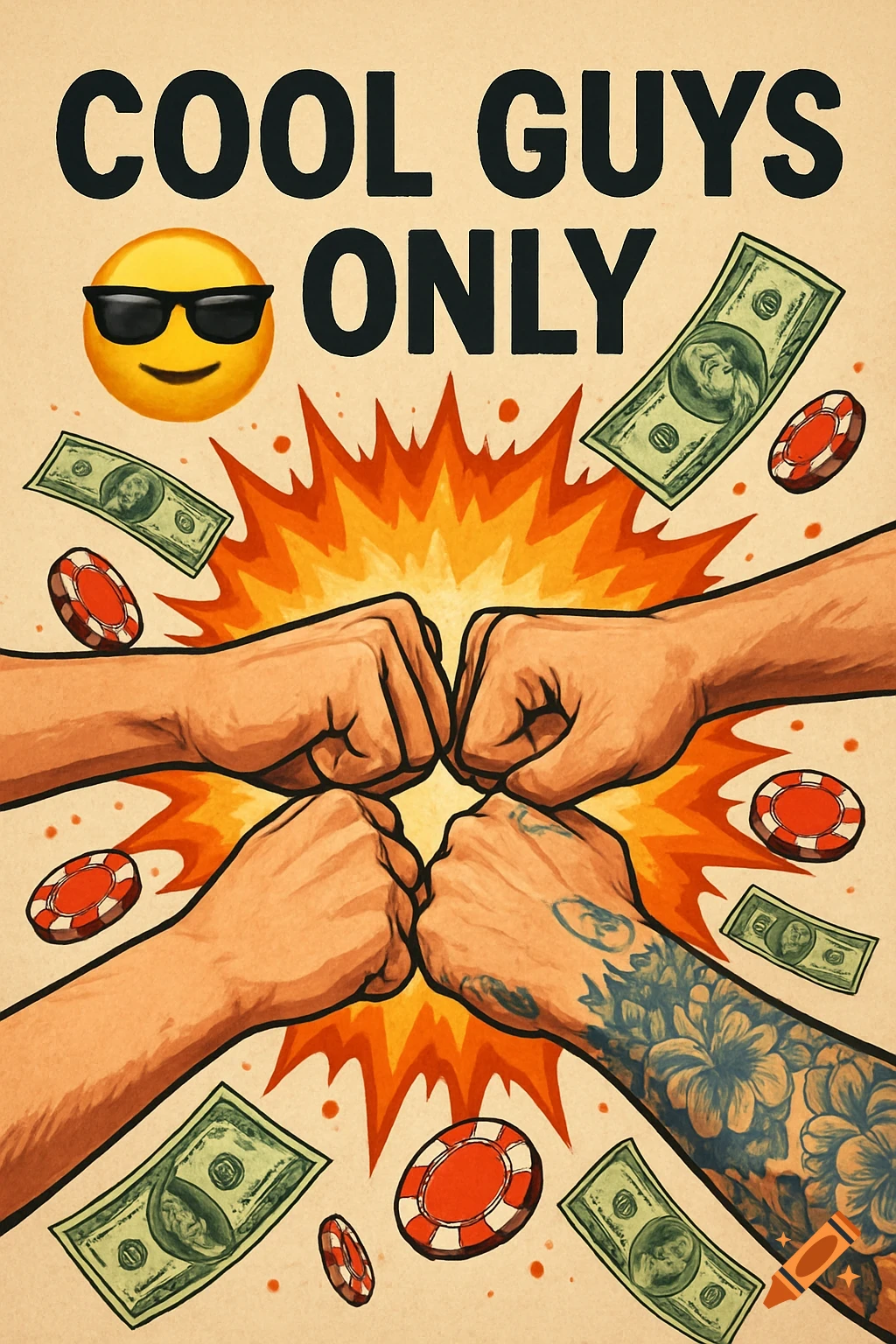 Illustrative poster with four hands in a fist bump, explosion, money, chips, and a cool emoji under 'COOL GUYS ONLY' text.