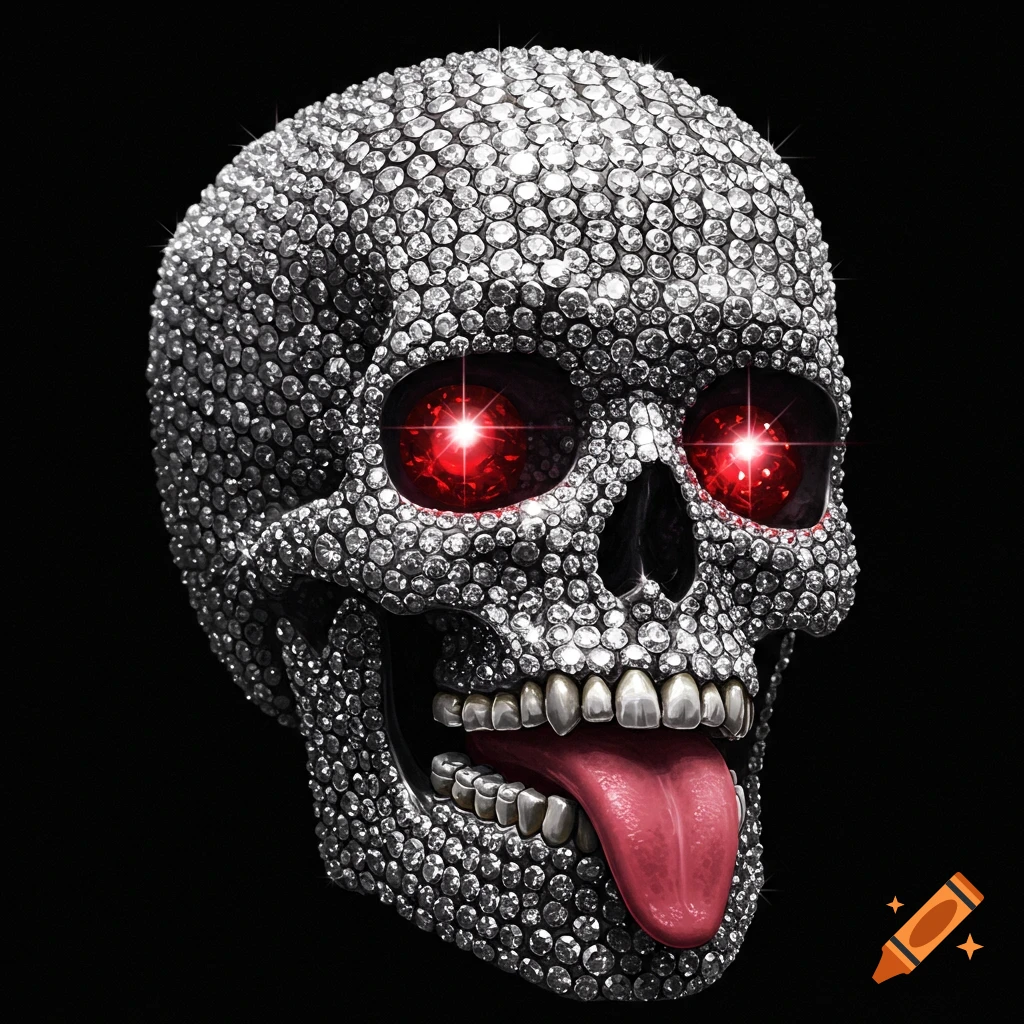 A skull covered in sparkling diamonds with glowing red ruby eyes and a tongue sticking out against a black background.