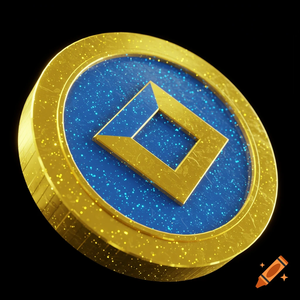 A stylized 3D render of a gold coin with a glittery blue center and a golden geometric square symbol.