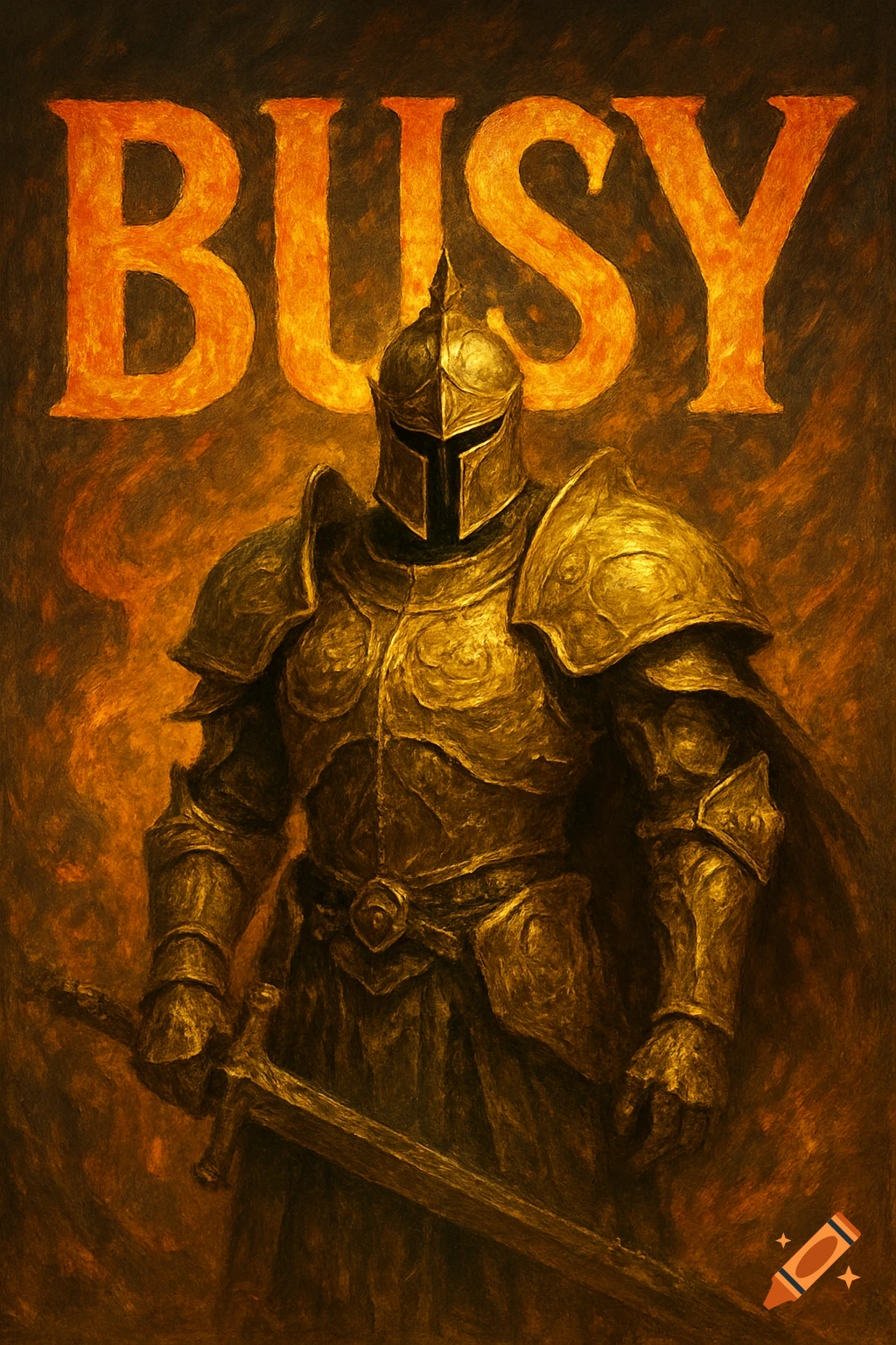 A gold-armored knight holding a sword stands in front of a dark, textured background with the large, fiery orange word "BUSY" above them, in a painterly style.