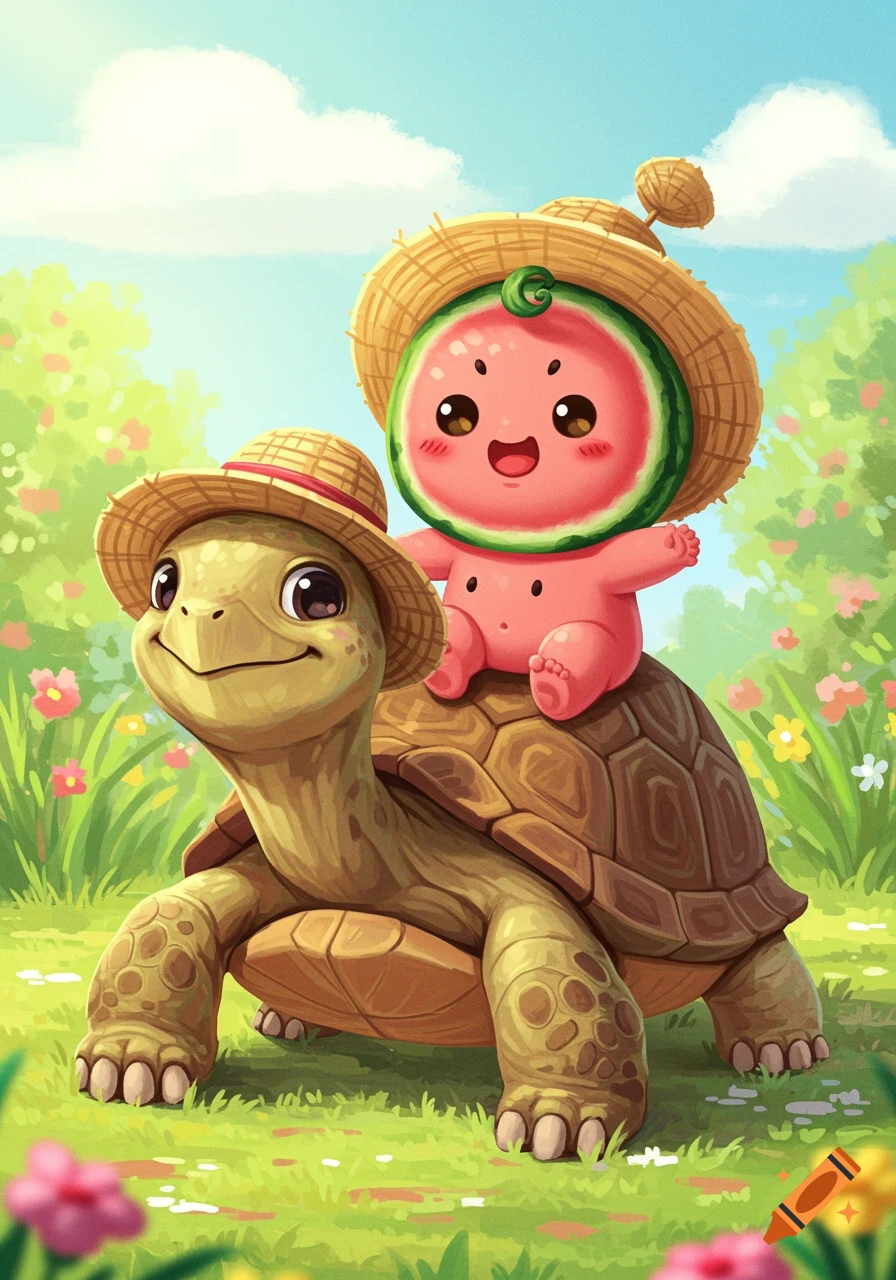 A cute cartoon turtle wearing a straw hat carries a smiling watermelon baby on its back through a sunny field of green grass and flowers.