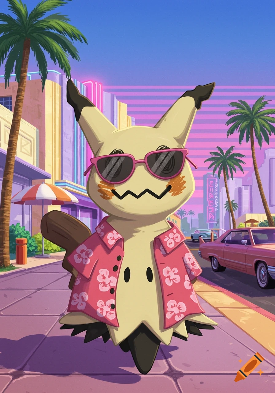 A Mimikyu in sunglasses and a Hawaiian shirt stands on a city sidewalk with palm trees and neon-lit buildings in the background, in a vibrant vaporwave style.