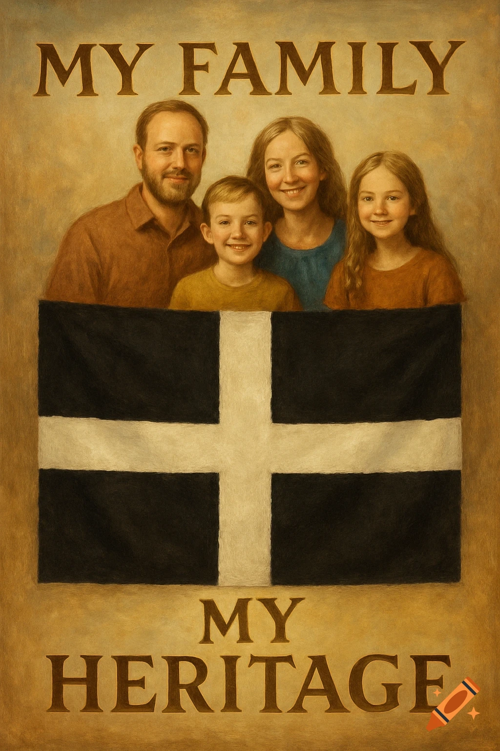 Painted portrait of a family, with a man, woman, boy, and girl, standing above a Cornish flag. Text reads 'MY FAMILY' above and 'MY HERITAGE' below.
