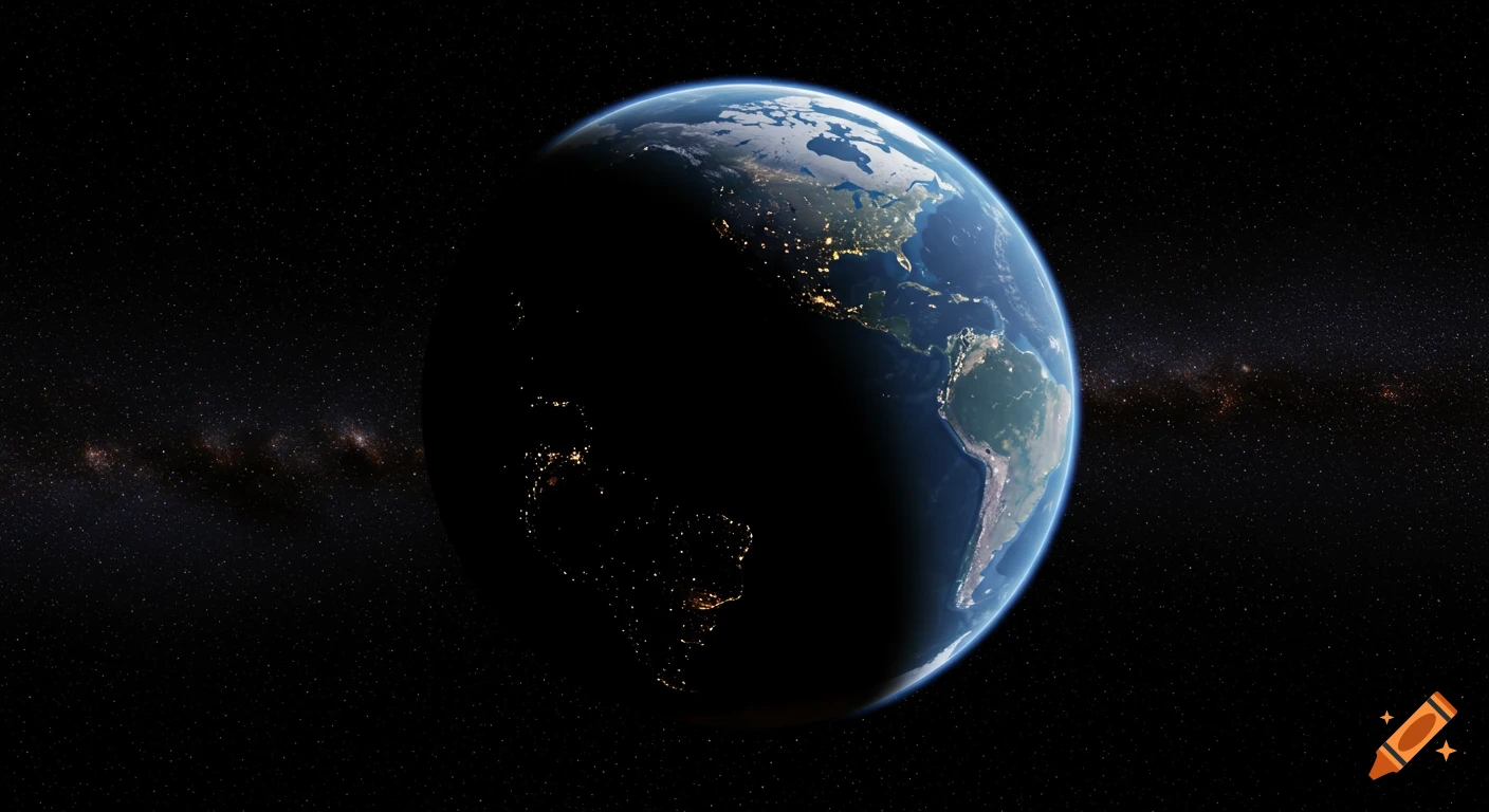 Photorealistic view of Earth from space, showing continents, oceans, city lights at night, and stars in the background.