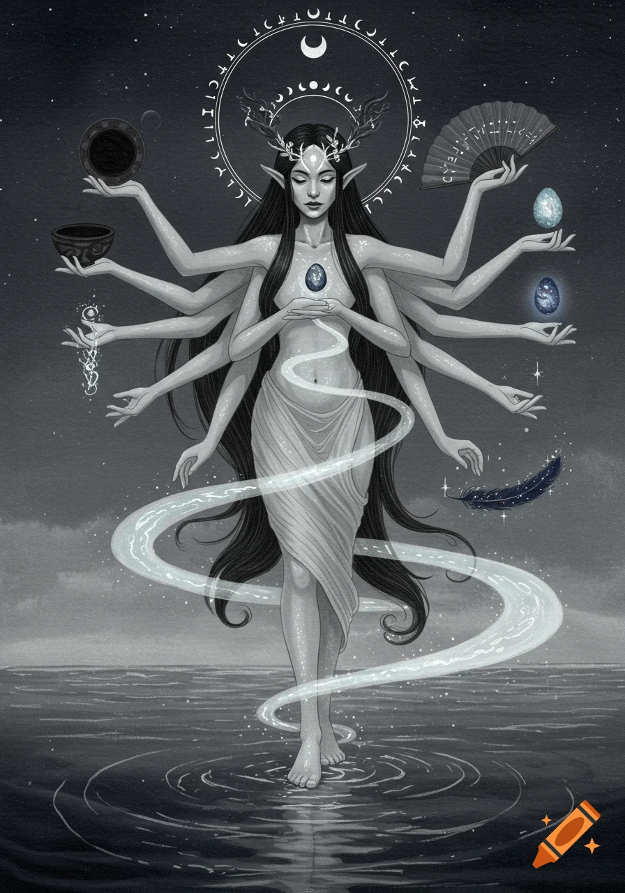 Monochromatic digital painting of an eight-armed goddess with long hair and antlers, holding mystical objects, standing in water under a starry sky.