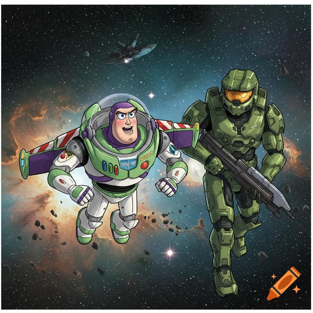 Buzz Lightyear and Master Chief, from Toy Story and Halo, respectively, are depicted flying side-by-side through outer space, with stars, nebulae, and asteroids in the background, in a comic book art style.