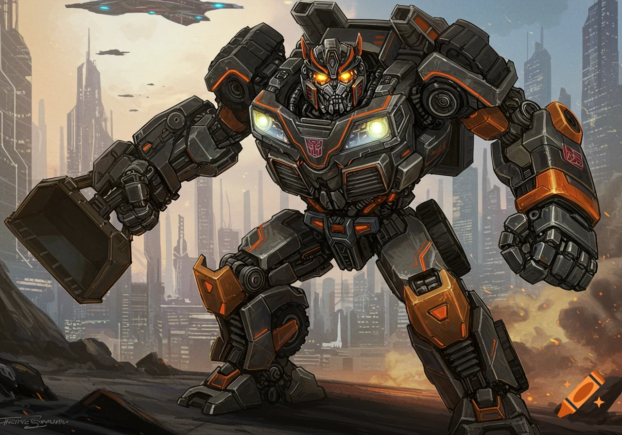 A large, dark grey and orange robot with glowing eyes stands in a futuristic city, holding a shovel-like arm attachment.