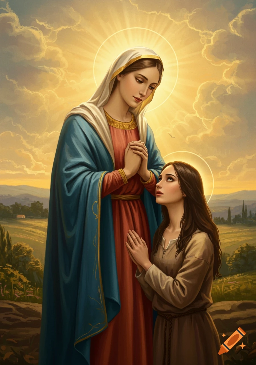 A painting of a revered woman with a halo looking down at a kneeling young woman praying in a bright, ethereal landscape.