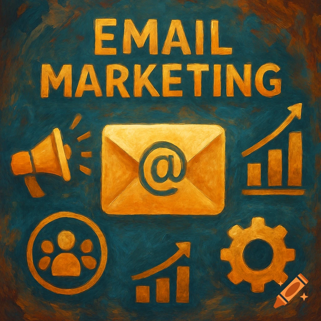 Orange text 'EMAIL MARKETING' with icons for email, megaphone, growth, audience, and settings, in a painterly style.