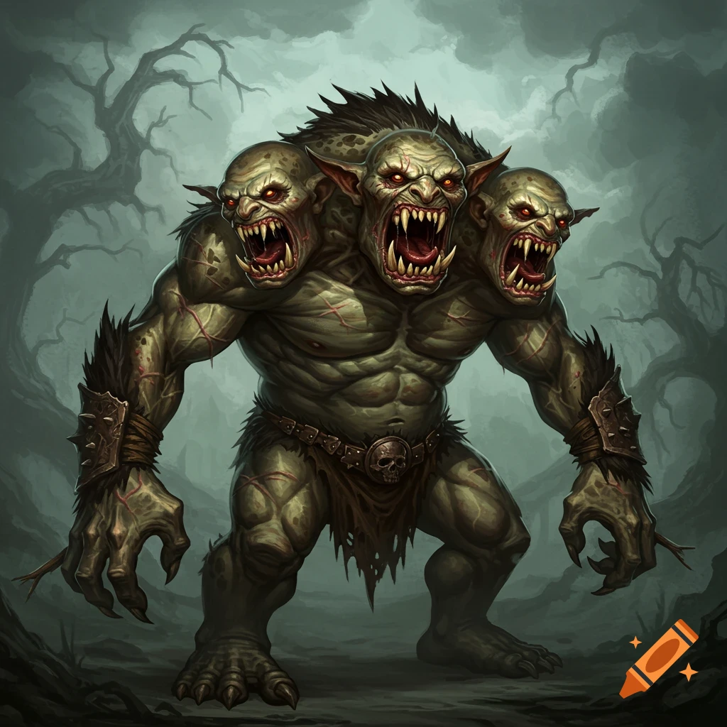 A three-headed, green-skinned monster with sharp teeth and glowing red eyes stands in a dark, misty forest, digital art.