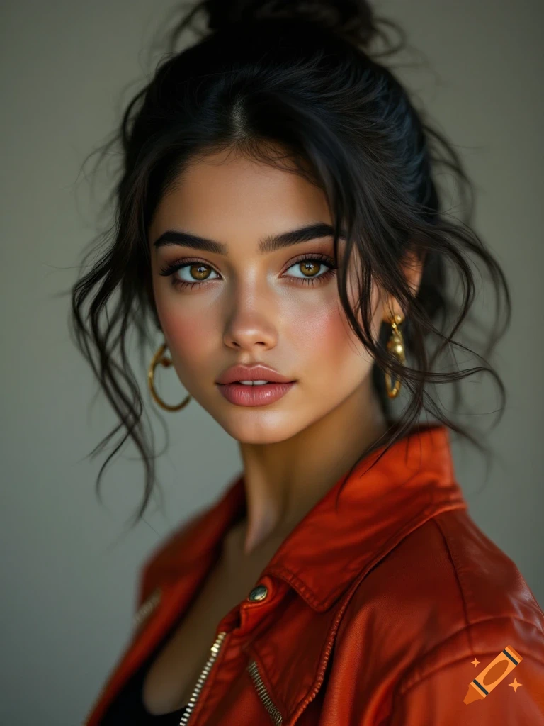 Photorealistic portrait of a young woman with dark hair pulled up ...