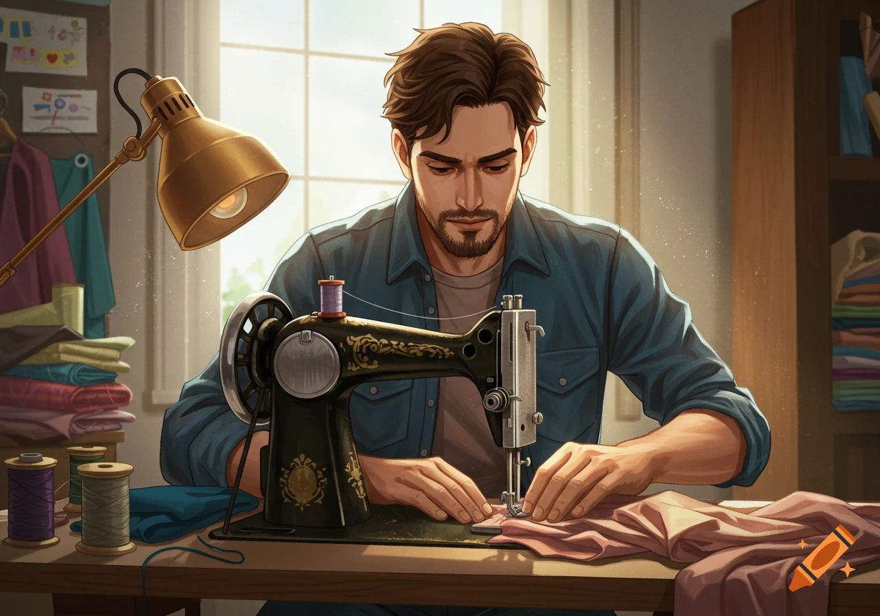 An illustration of a man with a beard and dark hair intently sewing fabric on an old-fashioned sewing machine.