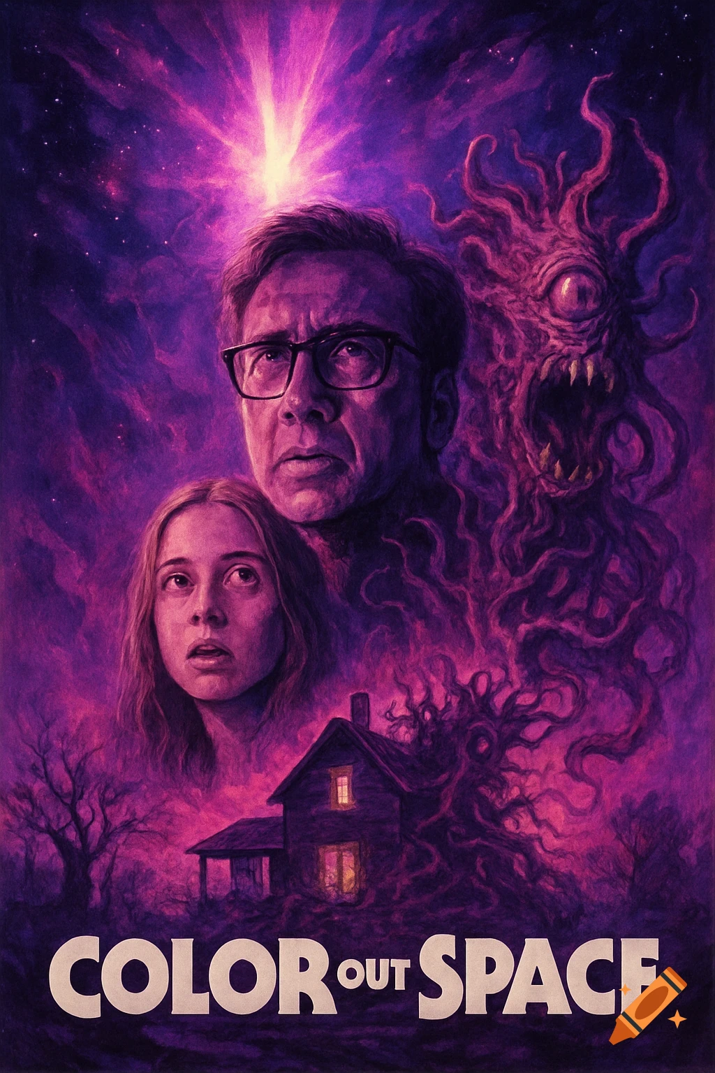 Purple movie poster with Nicolas Cage, a girl, a tentacled monster, and a house under a glowing cosmic sky, title 'COLOR OUT SPACE'.