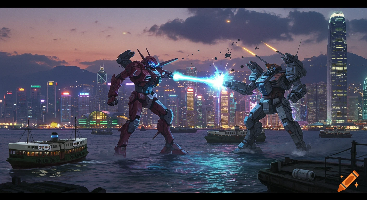 Two large mechs battle in the water in front of the Hong Kong skyline at sunset, firing lasers and missiles.