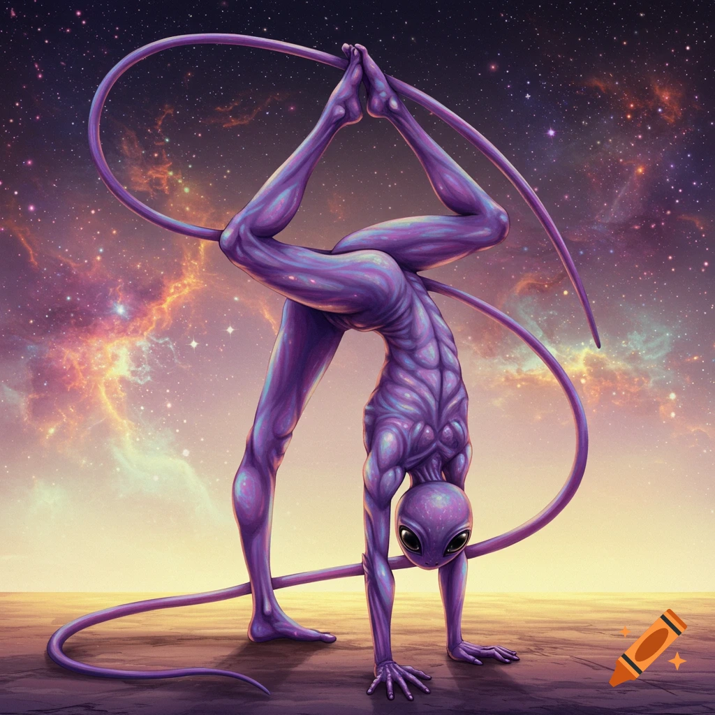 A lean, purple alien creature performs a forward bend yoga pose against a vibrant cosmic background.