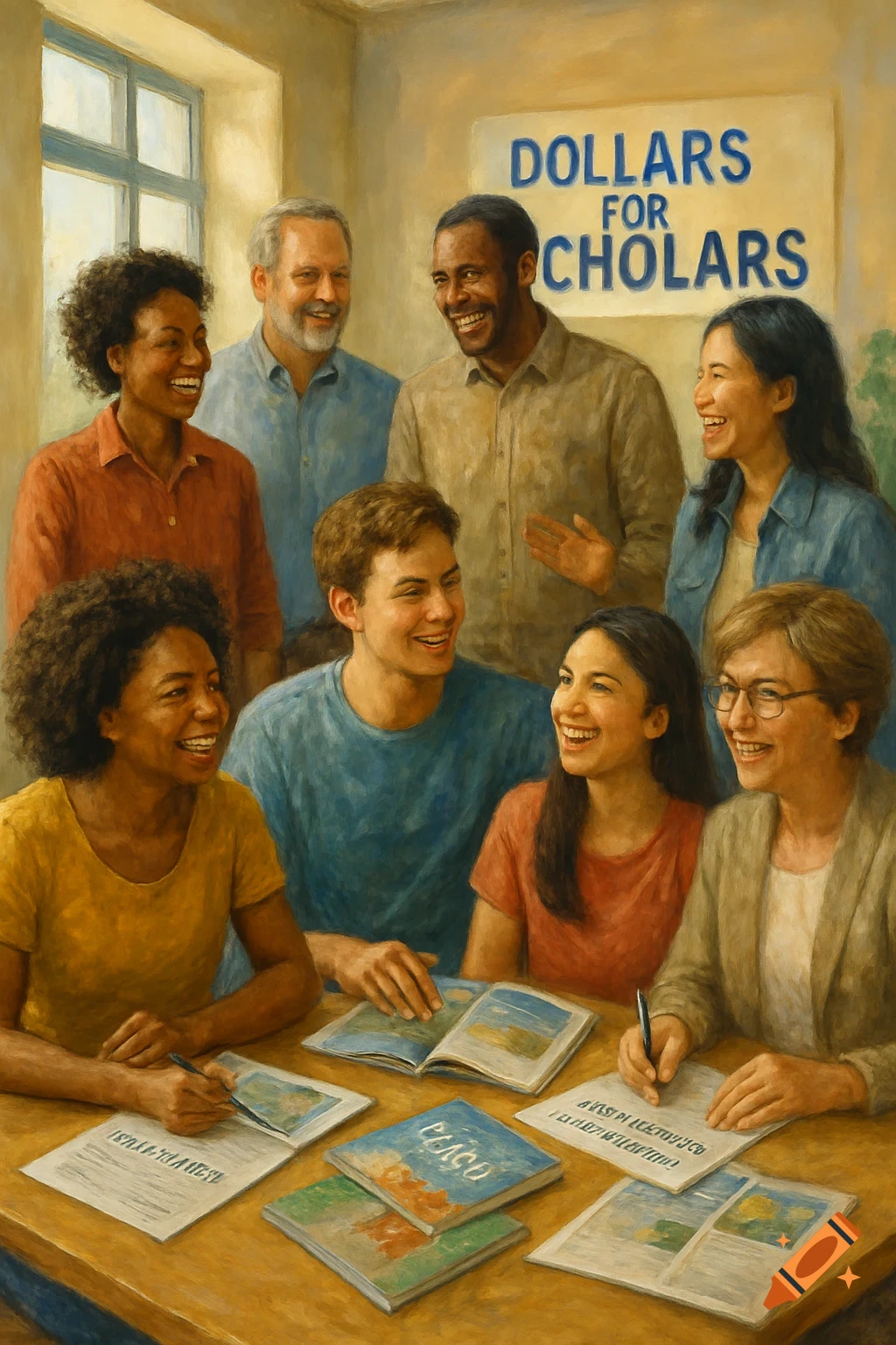 A diverse group of adults and students smiling and interacting around a table with scholarship applications. A sign reads "Dollars for Scholars."