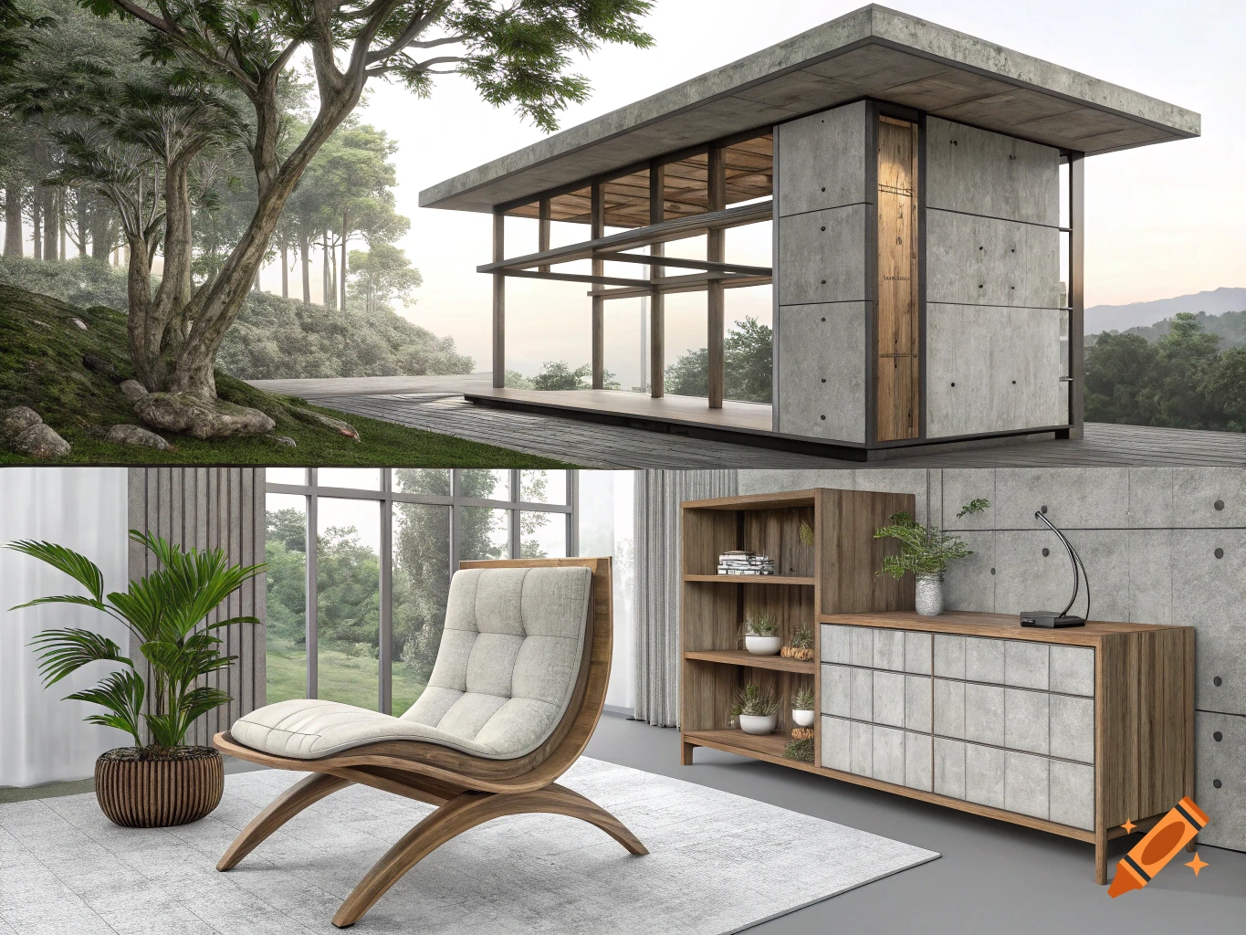 Photorealistic image showing a modern concrete and wood building in a forest setting above, and a modern wooden chair and bookshelf in an interior below.