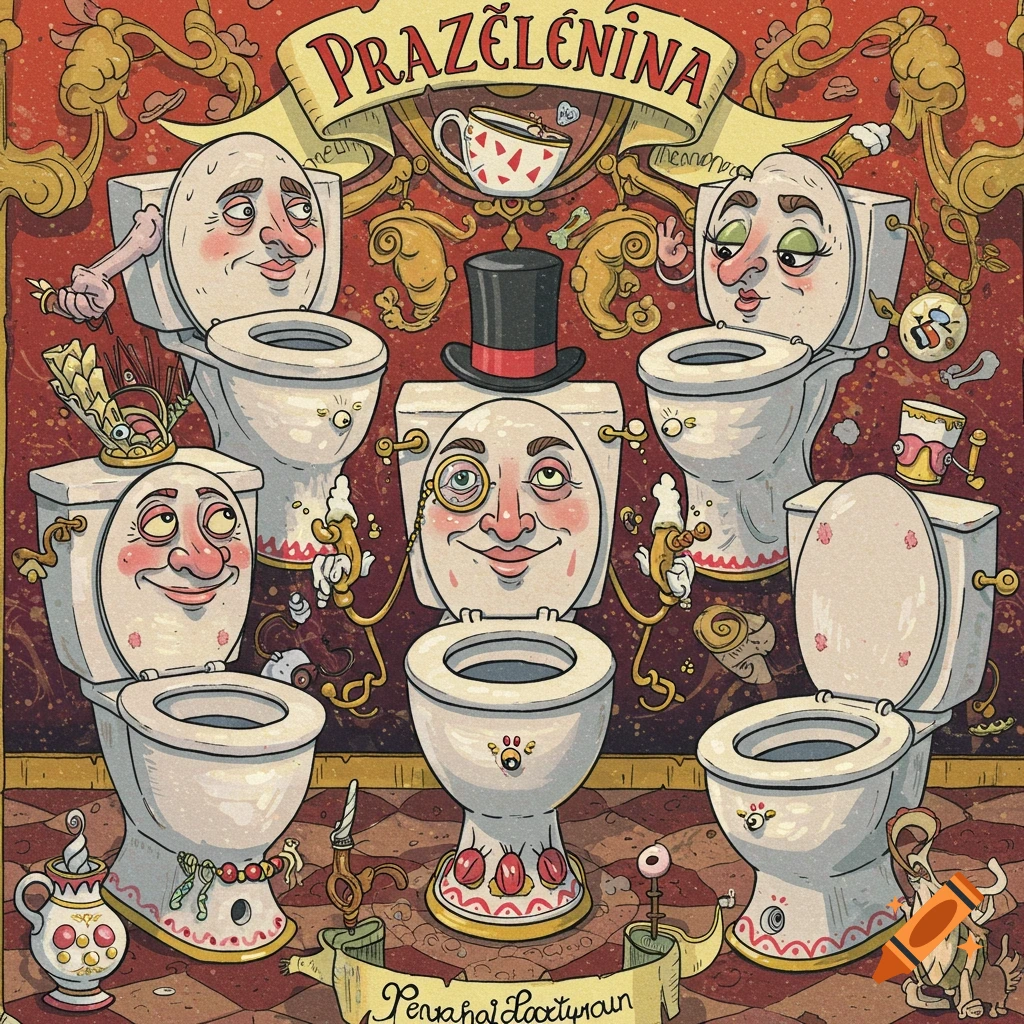 A whimsical illustration of several anthropomorphic toilets with faces, some wearing hats or accessories, in a richly decorated room. A banner at the top reads "PRAZELENINA" and another at the bottom has illegible text.