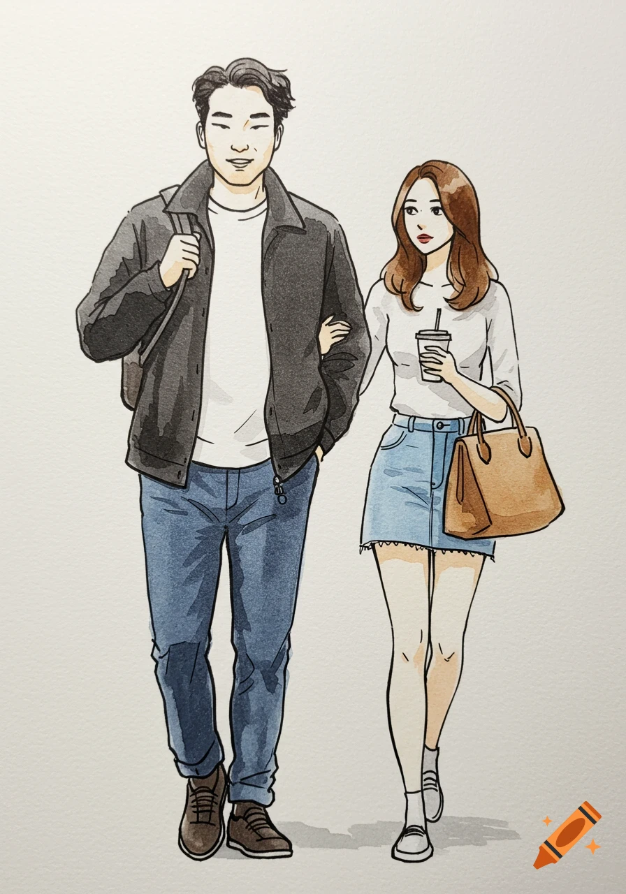 A watercolor illustration of an Asian man with a backpack walking arm-in-arm with a Caucasian woman holding a coffee cup.