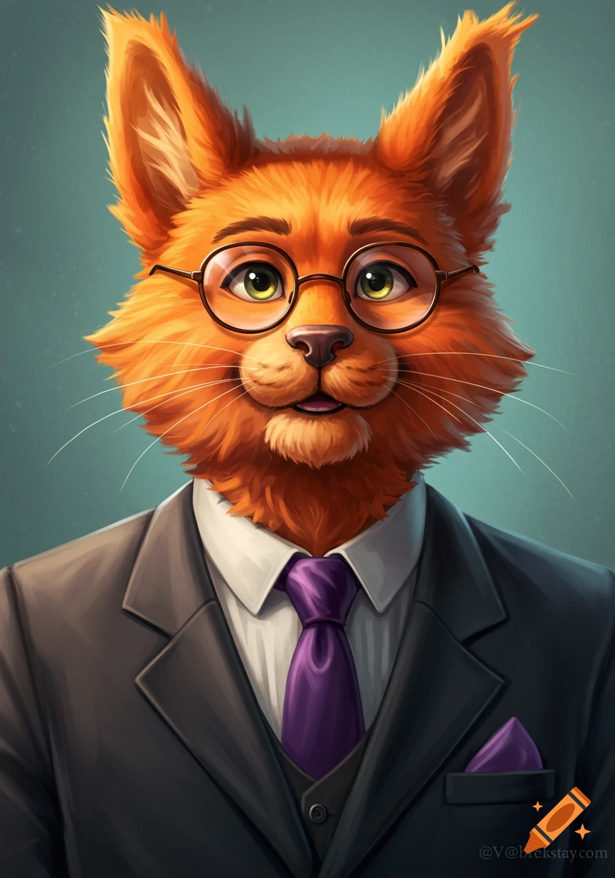A confident orange fluffy Maine Coon fursona wearing a dark suit, white shirt, and purple tie and pocket square, with round glasses, looking directly at the viewer.