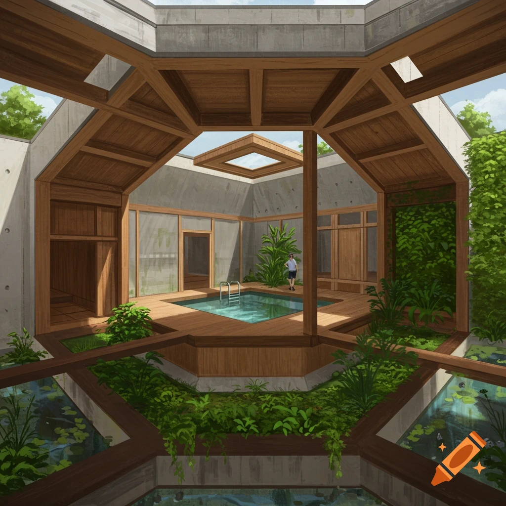 An octagonal building with a central courtyard featuring a swimming pool, lush greenery, and concrete and wood elements under a skylight.