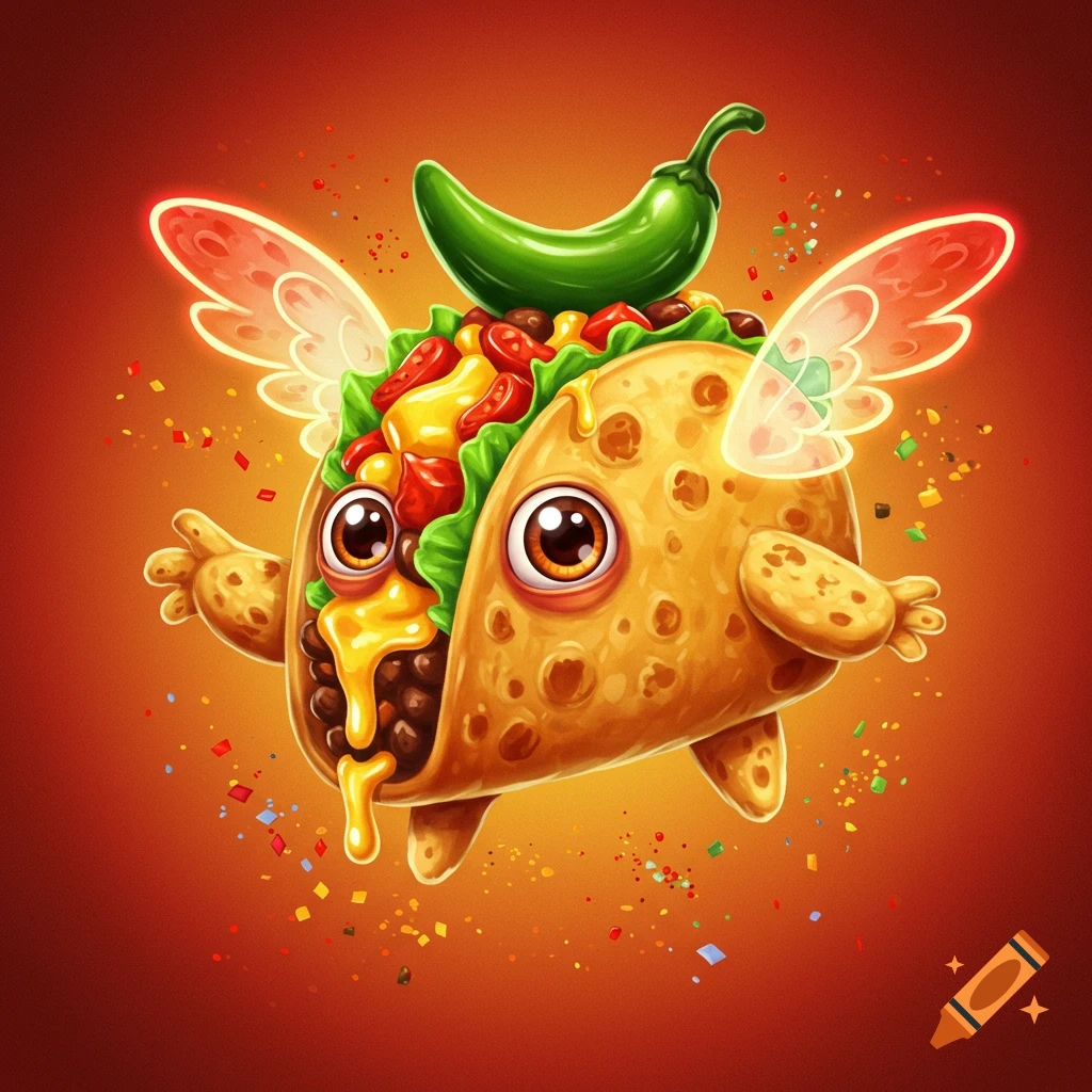 A whimsical cartoon taco creature with large eyes, wings, and a green chili on its head, floating against an orange background with scattered confetti.