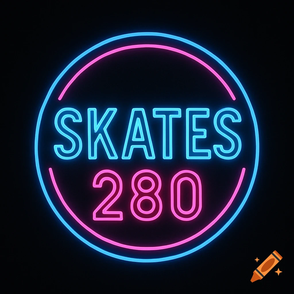 A circular neon sign with blue text 'SKATES' and pink text '280' encircled by a blue and pink ring on a black background.