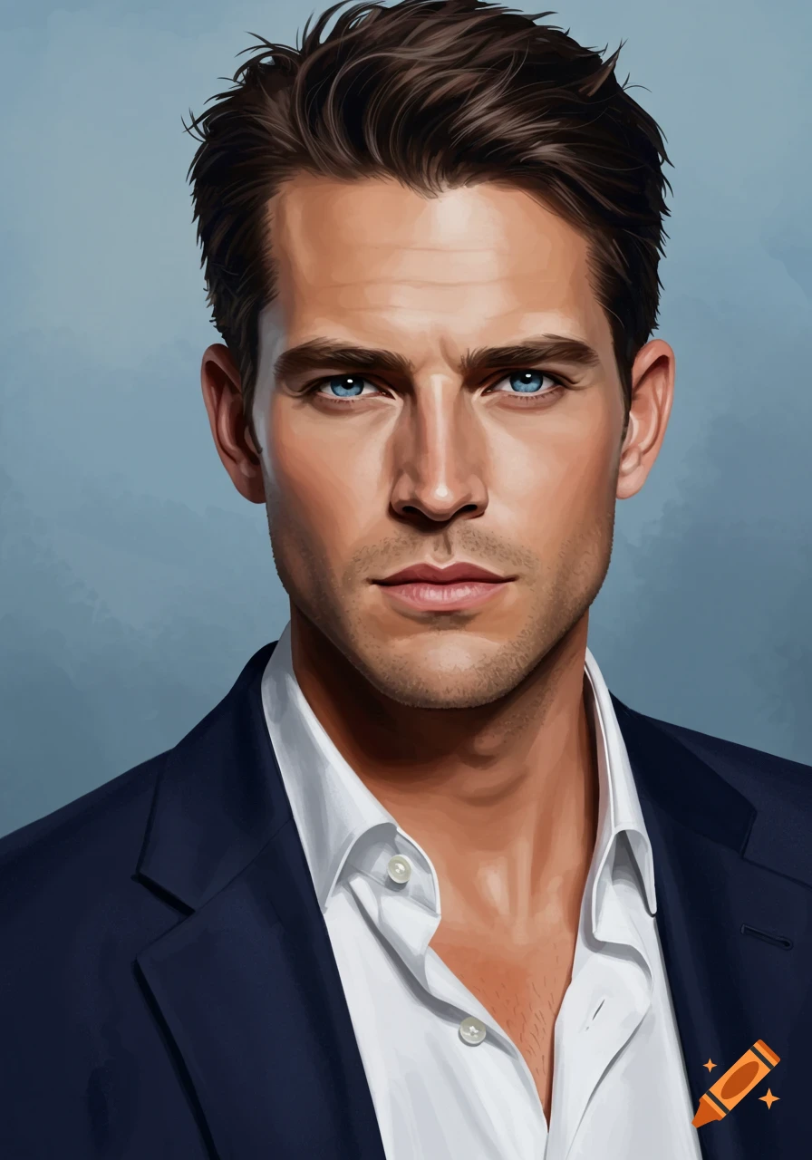Detailed digital portrait of a handsome man with dark hair and blue eyes, wearing a suit.