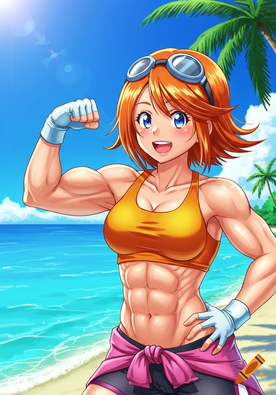 Anime character Sora from Digimon, a muscular woman with orange hair, flexing her bicep and showing abs on a sunny beach.