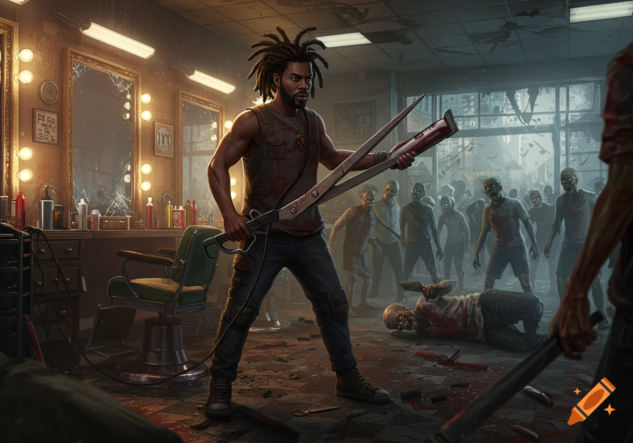 A black man with dreadlocks wields large improvised shears and a hair clipper weapon in a ruined barber shop, facing a horde of zombies. Photorealistic style.
