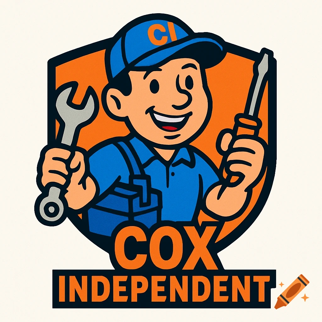 Cartoon handyman logo in blue and orange holding a wrench and screwdriver with 'COX INDEPENDENT' text.