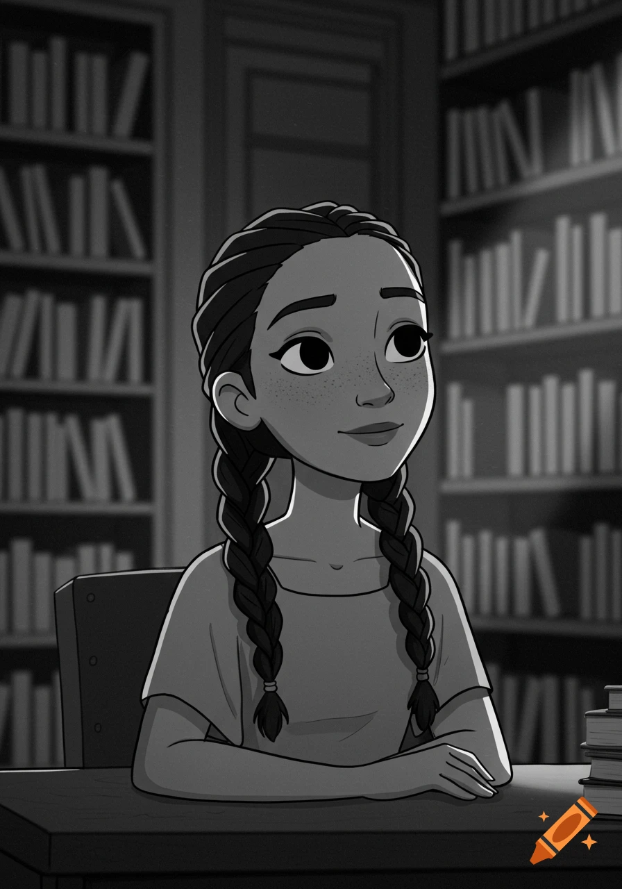 A black and white animated girl with braided hair sits at a desk in a library.
