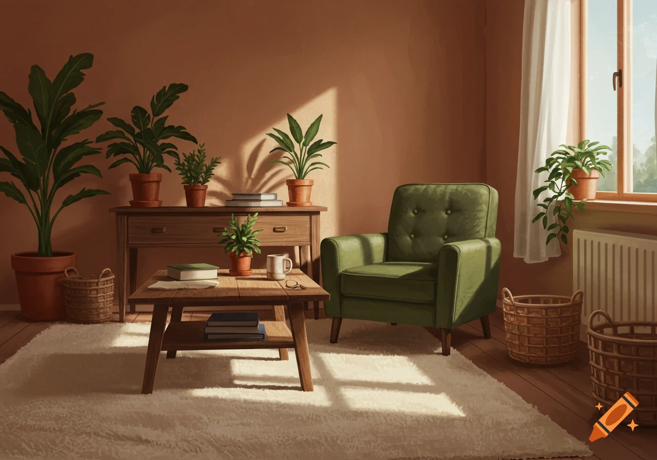 Cozy, earthy-toned living room with an olive green armchair, wooden furniture, and many potted plants. Sunlight streams in.