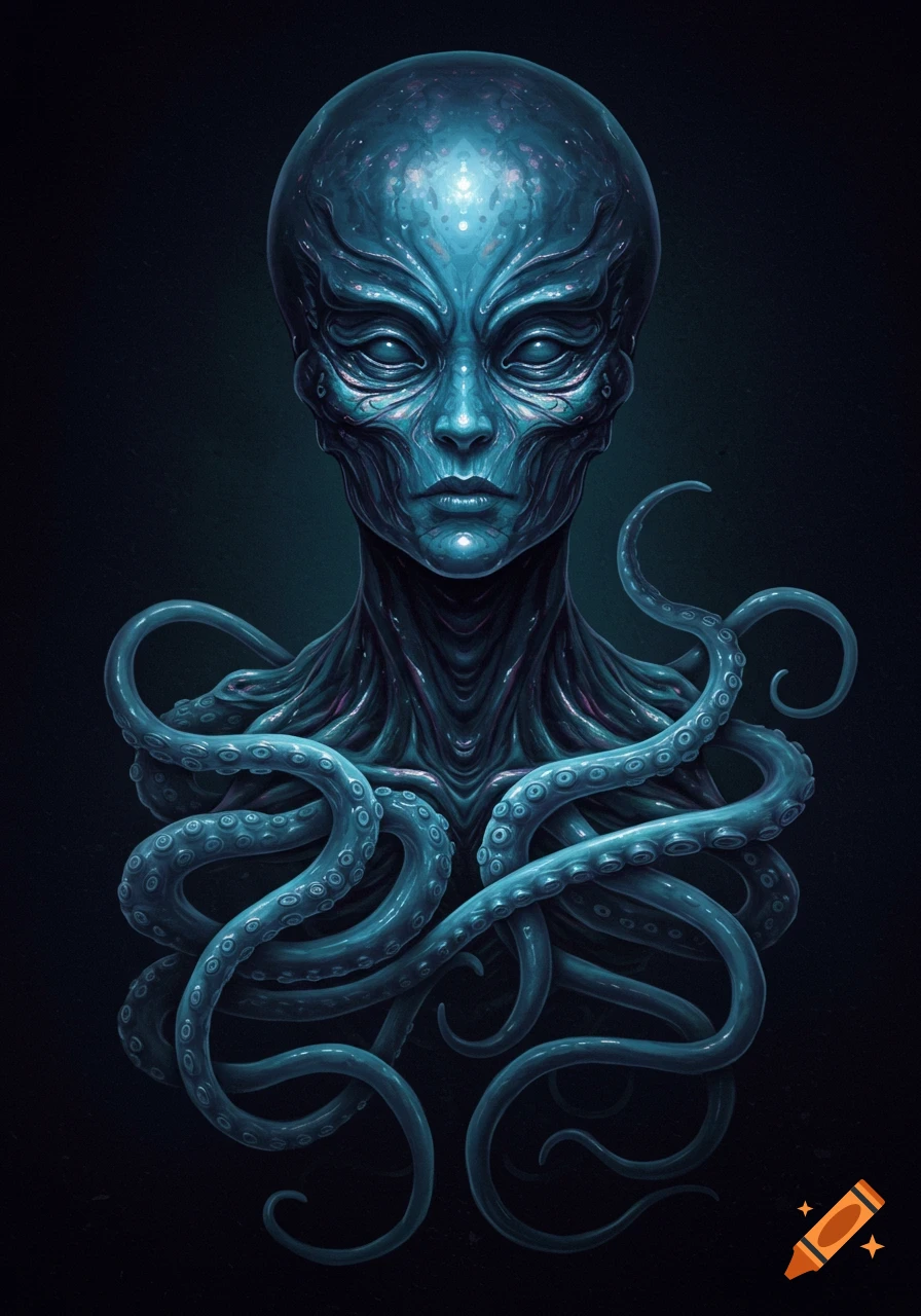 A detailed dark blue alien with a large head and a body made of swirling tentacles.
