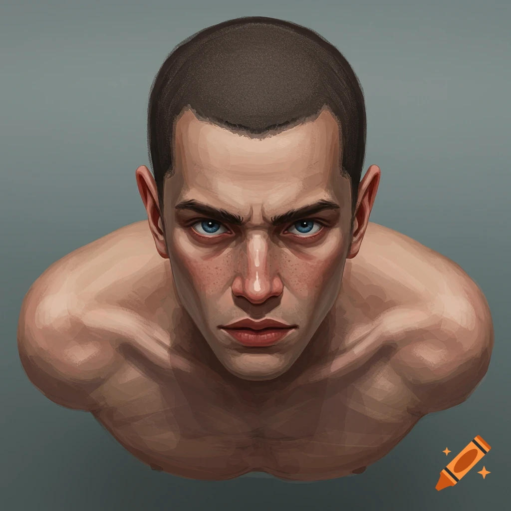A top-down digital painting of a muscular man with short dark hair and intense blue eyes, looking upwards.