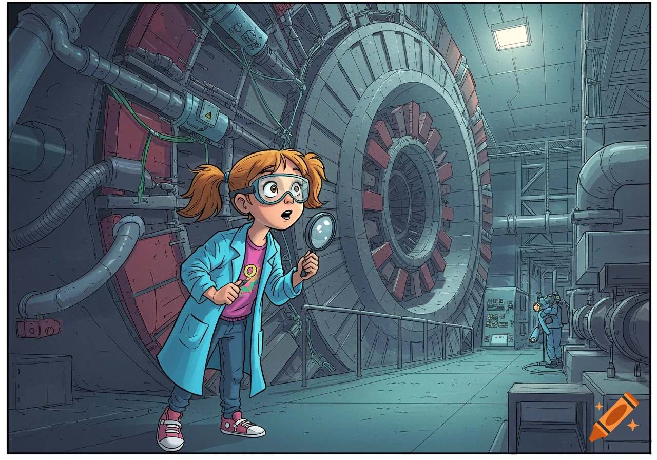 A cartoon girl in a lab coat and goggles holds a magnifying glass, exploring a large, futuristic machine in a science lab.