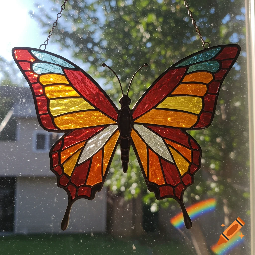 A vibrant stained glass butterfly sun catcher with orange, red, yellow, and blue wings, hanging in a window with sunlight shining through it.