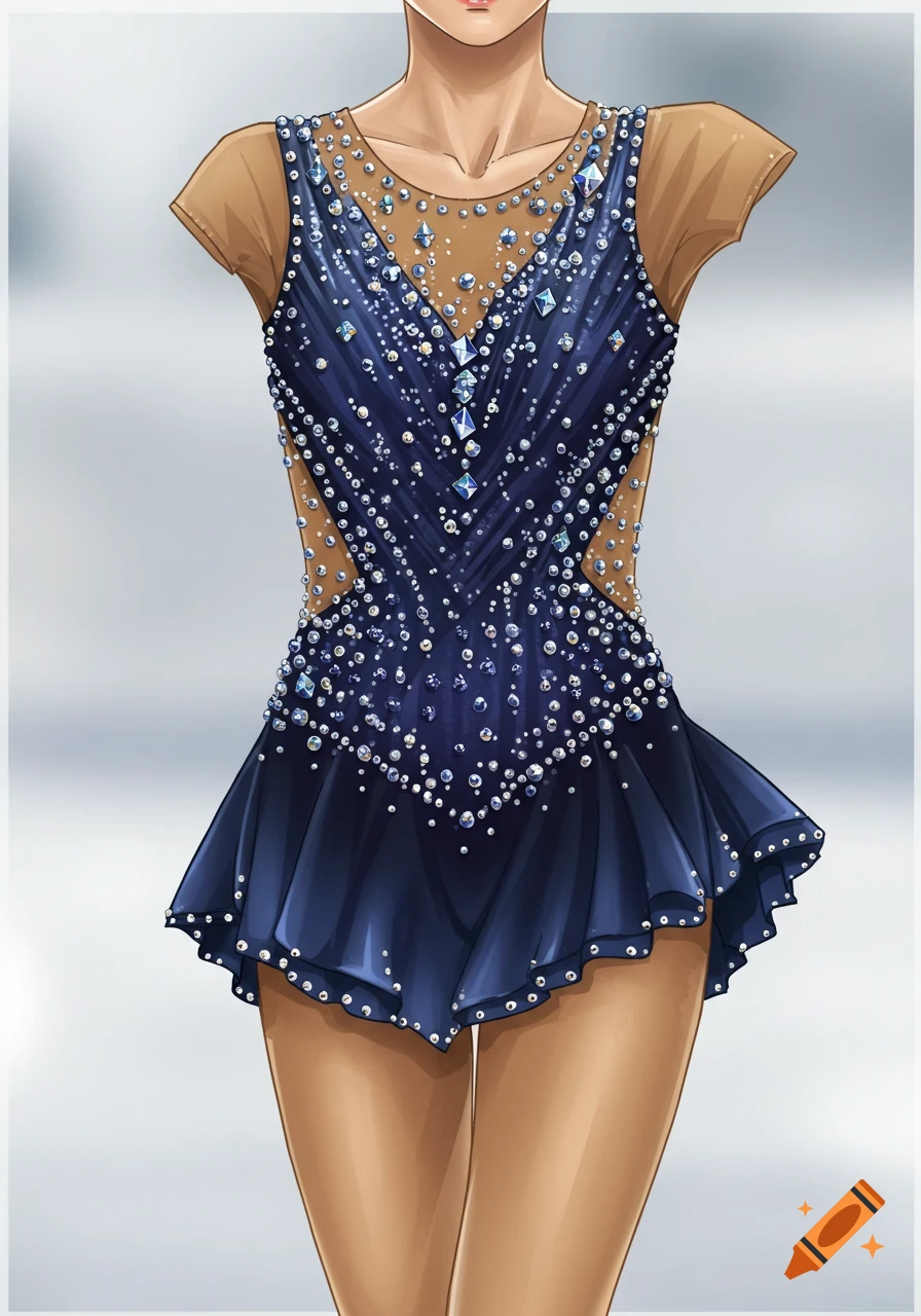 An illustrated figure skating dress in navy blue, covered in rhinestones and featuring sheer, skin-toned mesh panels.