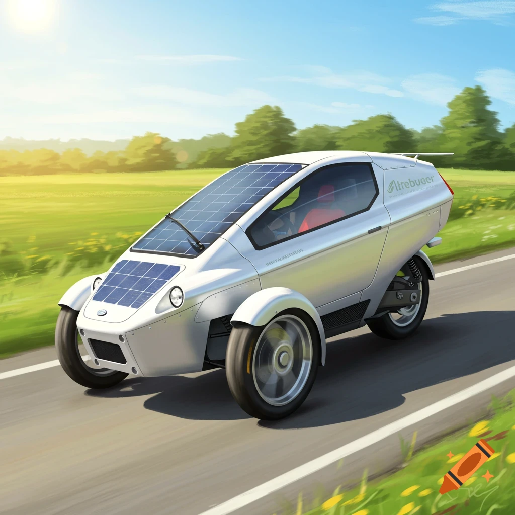 A futuristic white three-wheeled solar car drives on a road through a sunny green landscape, digital illustration.