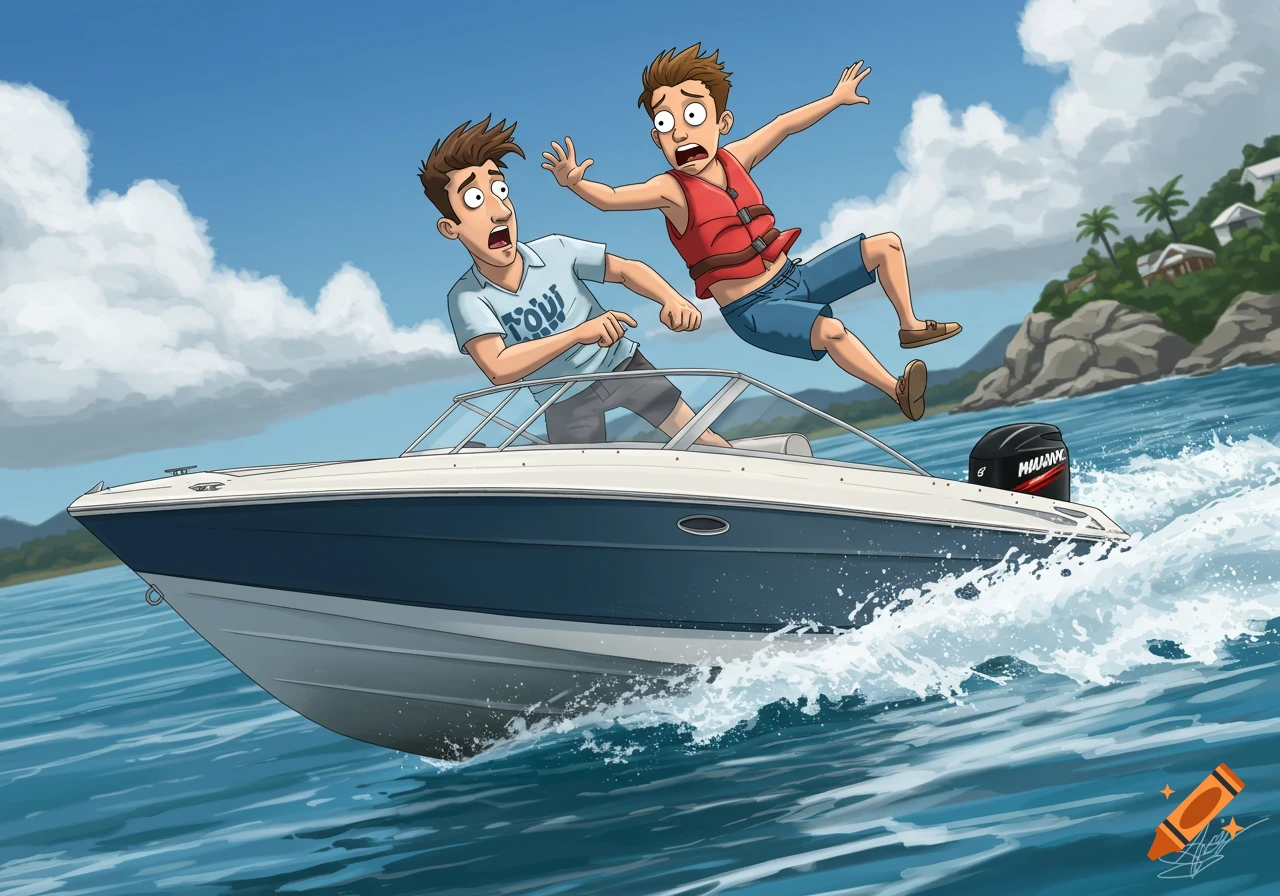 Cartoon image of two men on a speedboat. One man driving while the other, wearing a life vest, falls off the boat in surprise.