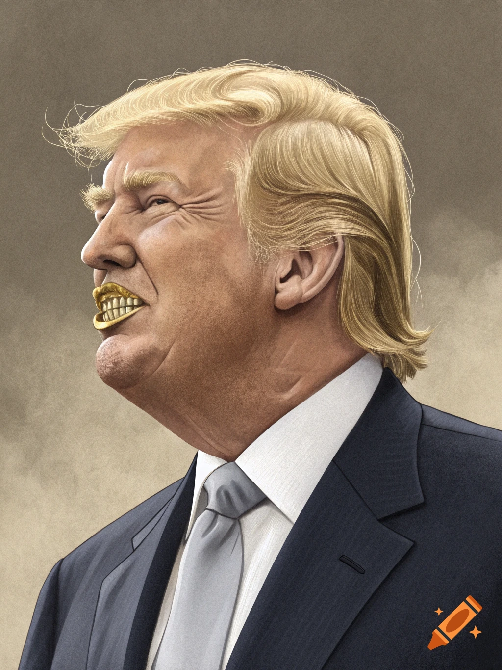A caricature of Donald Trump looking to the left, with exaggerated gold teeth, wearing a suit and tie.