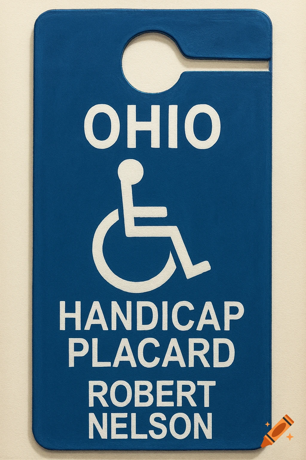 A blue handicap parking placard with a white accessibility symbol and the text 'Ohio Handicap Placard Robert Nelson'.